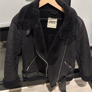 Zara Women's Black Leather Shearling Jacket